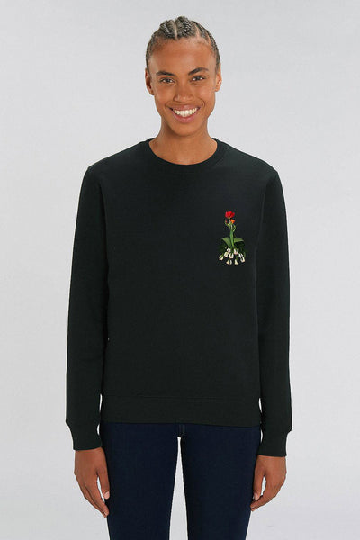 Black Cute Floral Printed Sweatshirt, Heavyweight, from organic cotton blend