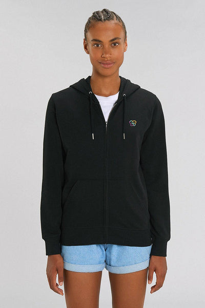 Black Embroidered Logo Zip Up Hoodie, Medium-weight, from organic cotton blend, Unisex, for Women & for Men 