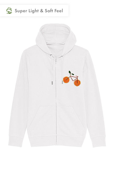 White Orange Bicycle Zip Up Hoodie, Medium-weight, from organic cotton blend, Unisex, for Women & for Men
