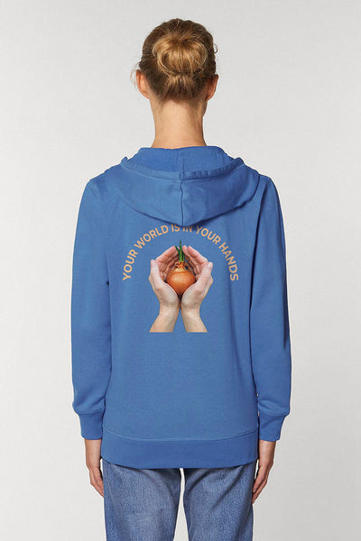 Blue Zip Hoodie Your World Print, Medium-weight, from organic cotton blend, Unisex, for Women & for Men