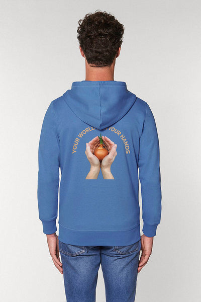 Blue Zip Hoodie Your World Print, Medium-weight, from organic cotton blend, Unisex, for Women & for Men