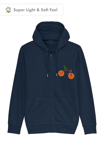 Navy Orange Bicycle Zip Up Hoodie, Medium-weight, from organic cotton blend, Unisex, for Women & for Men
