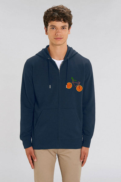 Navy Orange Bicycle Zip Up Hoodie, Medium-weight, from organic cotton blend, Unisex, for Women & for Men
