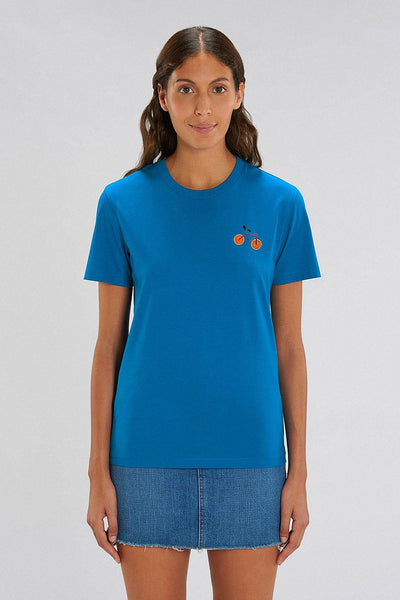 Royal Blue Orange Bicycle Crew Neck T-Shirt, 100% organic cotton, Unisex, for Women & for Men
