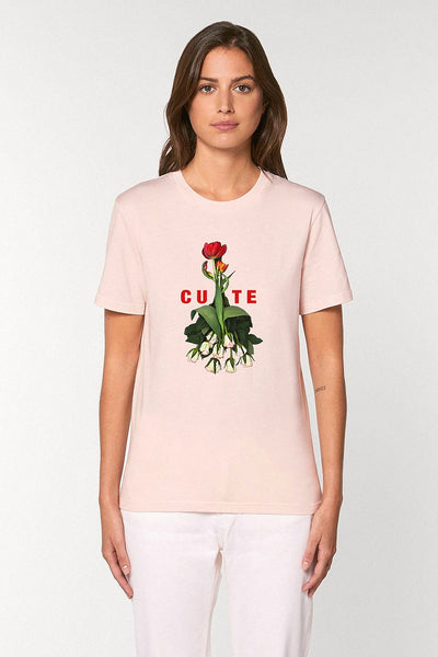 Light Pink Women Cute Floral Graphic T-Shirt, 100% organic cotton