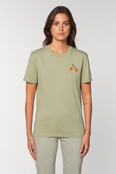 Sage green Orange Bicycle Crew Neck T-Shirt, 100% organic cotton, Unisex, for Women & for Men