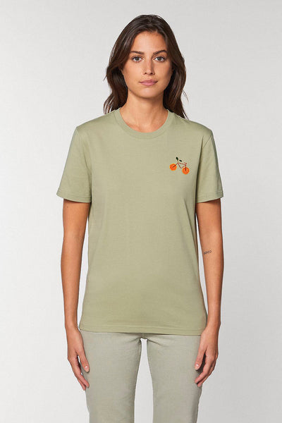 Sage green Orange Bicycle Crew Neck T-Shirt, 100% organic cotton, Unisex, for Women & for Men