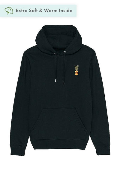 Black Cool Pineapple Print Hoodie, Heavyweight, from organic cotton blend, Unisex, for Women & for Men