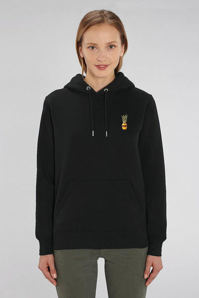 Black Cool Pineapple Print Hoodie, Heavyweight, from organic cotton blend, Unisex, for Women & for Men