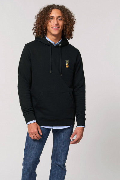 Black Cool Pineapple Print Hoodie, Heavyweight, from organic cotton blend, Unisex, for Women & for Men