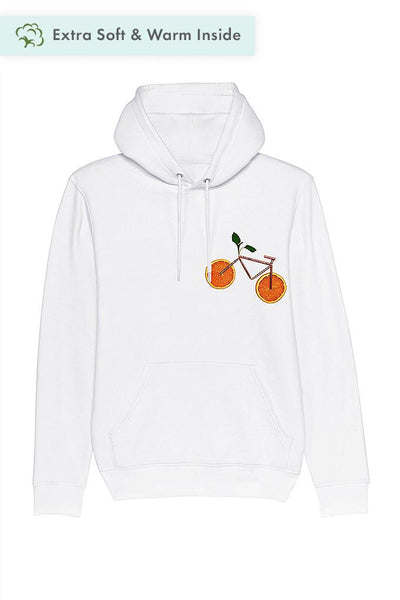 White Orange Bicycle Printed Hoodie, Heavyweight, from organic cotton blend, Unisex, for Women & for Men
