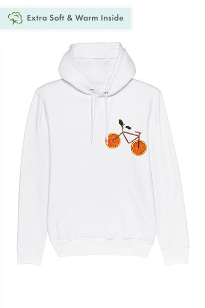 White Orange Bicycle Printed Hoodie, Heavyweight, from organic cotton blend, Unisex, for Women & for Men