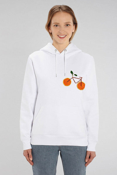 White Orange Bicycle Printed Hoodie, Heavyweight, from organic cotton blend, Unisex, for Women & for Men
