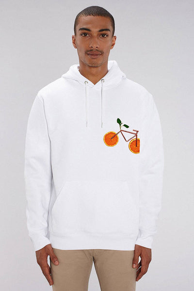 White Orange Bicycle Printed Hoodie, Heavyweight, from organic cotton blend, Unisex, for Women & for Men