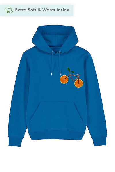 Royal Blue Orange Bicycle Printed Hoodie, Heavyweight, from organic cotton blend, Unisex, for Women & for Men