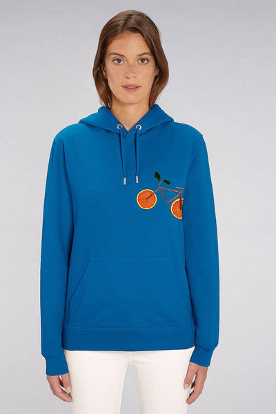 Royal Blue Orange Bicycle Printed Hoodie, Heavyweight, from organic cotton blend, Unisex, for Women & for Men