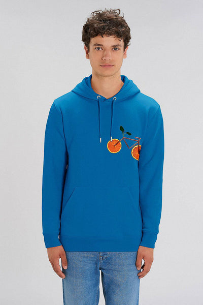 Royal Blue Orange Bicycle Printed Hoodie, Heavyweight, from organic cotton blend, Unisex, for Women & for Men