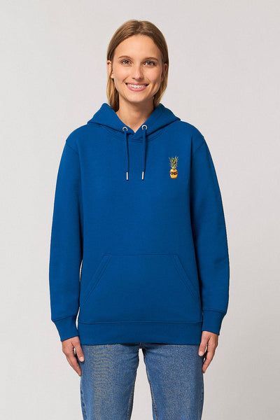 Blue Cool Pineapple Print Hoodie, Heavyweight, from organic cotton blend, Unisex, for Women & for Men