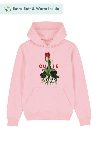 Cotton Pink Cute Floral Graphic Hoodie, Heavyweight, from organic cotton blend