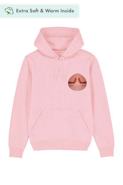 Cotton Pink Two Hands Printed Hoodie, Heavyweight, from organic cotton blend, Unisex, for Women & for Men