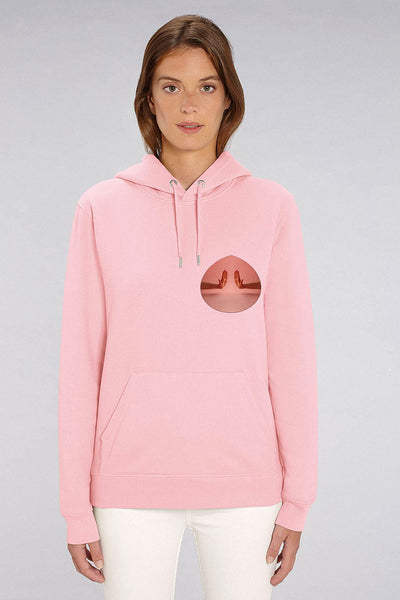Cotton Pink Two Hands Printed Hoodie, Heavyweight, from organic cotton blend, Unisex, for Women & for Men
