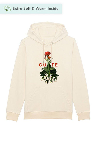 Beige Cute Floral Graphic Hoodie, Heavyweight, from organic cotton blend