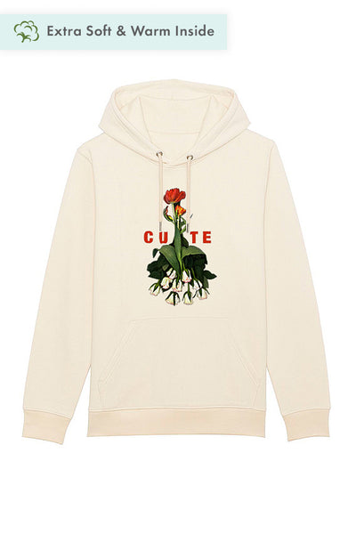Beige Cute Floral Graphic Hoodie, Heavyweight, from organic cotton blend