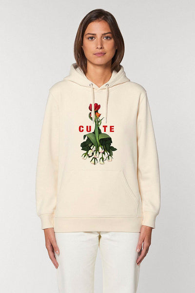 Beige Cute Floral Graphic Hoodie, Heavyweight, from organic cotton blend
