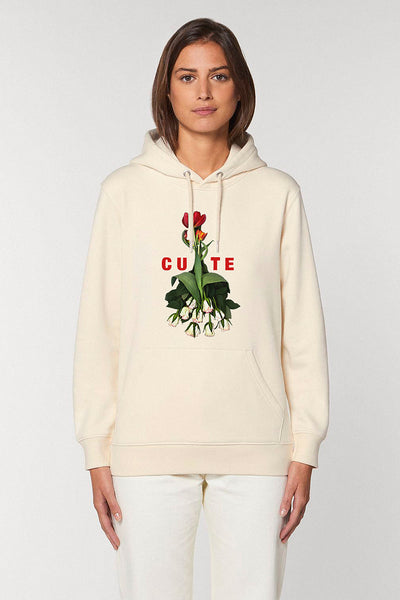 Beige Cute Floral Graphic Hoodie, Heavyweight, from organic cotton blend