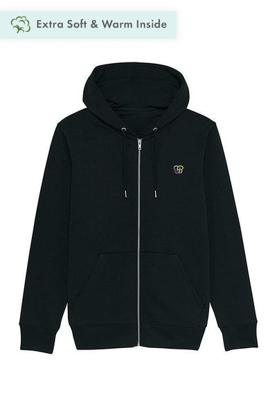 Black Men Embroidered Logo Zip Up Hoodie, Heavyweight, from organic cotton blend