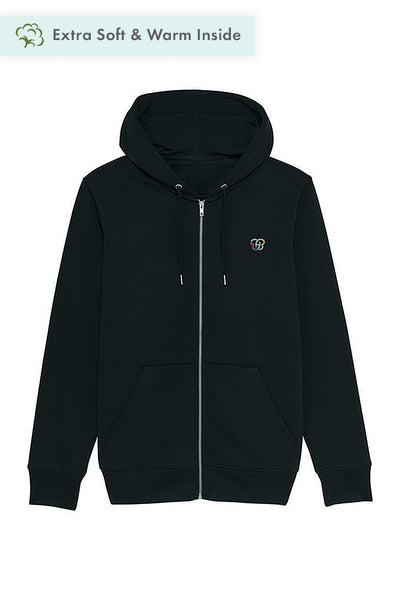Black Men Embroidered Logo Zip Up Hoodie, Heavyweight, from organic cotton blend