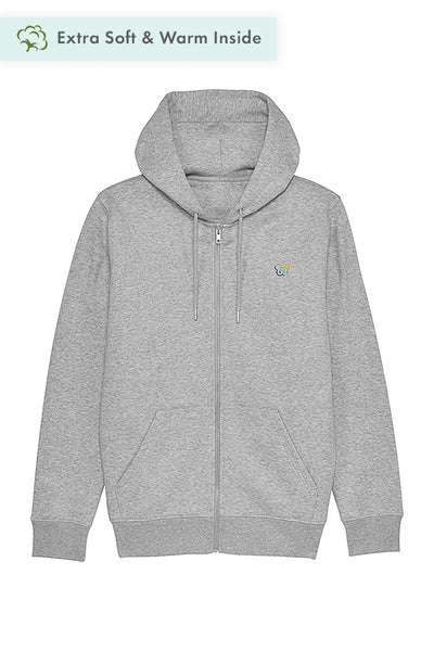 Grey Men Embroidered Logo Zip Up Hoodie, Heavyweight, from organic cotton blend