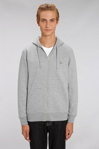 Grey Men Embroidered Logo Zip Up Hoodie, Heavyweight, from organic cotton blend