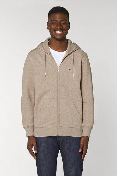 Beige Men Zip Hoodie Celebrate Print , Heavyweight, from organic cotton blend