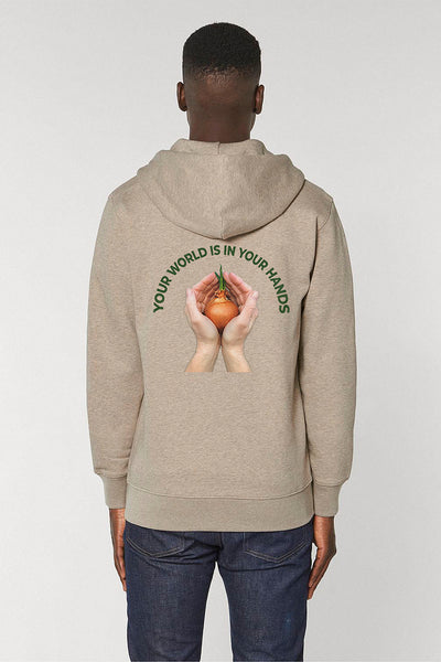 Beige Men Zip Hoodie Your World Print, Heavyweight, from organic cotton blend
