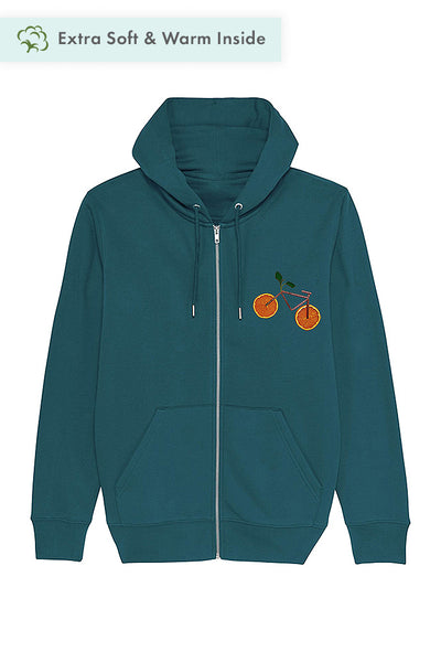 Dark green Men Orange Bicycle Zip Up Hoodie, Heavyweight, from organic cotton blend