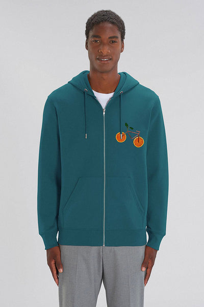 Dark green Men Orange Bicycle Zip Up Hoodie, Heavyweight, from organic cotton blend