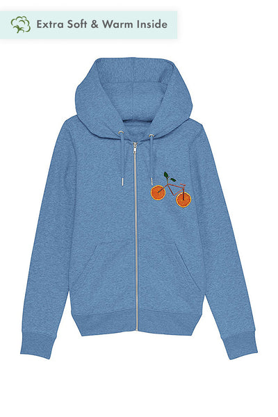 Blue Women Orange Bicycle Zip Up Hoodie, Heavyweight, from organic cotton blend