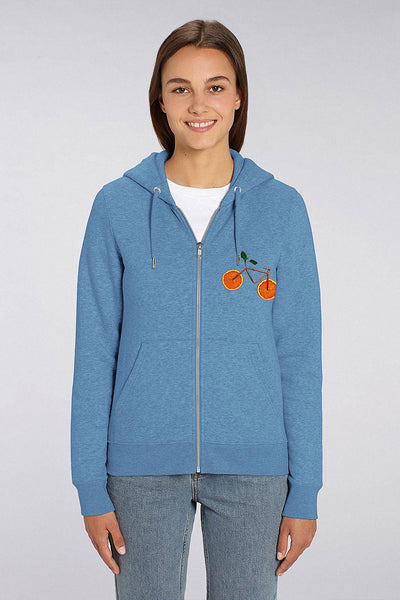 Blue Women Orange Bicycle Zip Up Hoodie, Heavyweight, from organic cotton blend