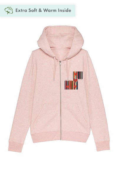 Light Pink Women Love Heart Zip Up Hoodie, Heavyweight, from organic cotton blend