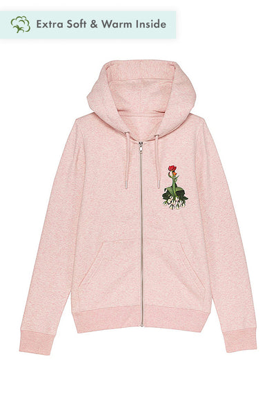 Light Pink Women Cute Floral Zip Up Hoodie, Heavyweight, from organic cotton blend
