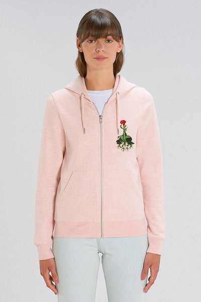 Light Pink Women Cute Floral Zip Up Hoodie, Heavyweight, from organic cotton blend