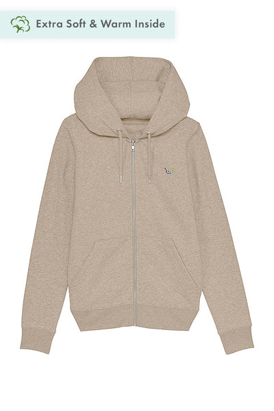 Beige Women Zip Hoodie Celebrate Print , Heavyweight, from organic cotton blend