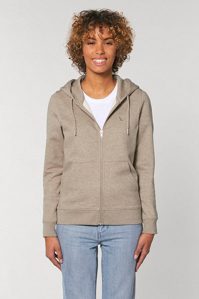 Beige Women Zip Hoodie Celebrate Print , Heavyweight, from organic cotton blend