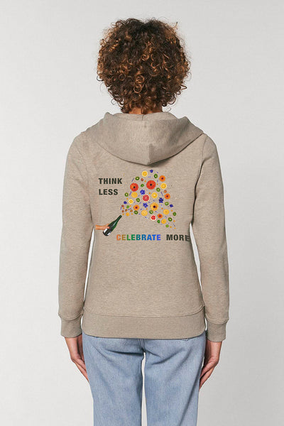 Beige Women Zip Hoodie Celebrate Print , Heavyweight, from organic cotton blend