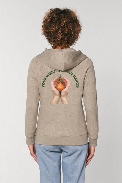 Beige Women Zip Hoodie Your World Print, Heavyweight, from organic cotton blend