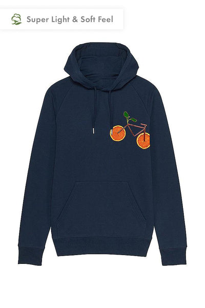 Navy Men Orange Bicycle Hoodie, Medium-weight, from organic cotton blend