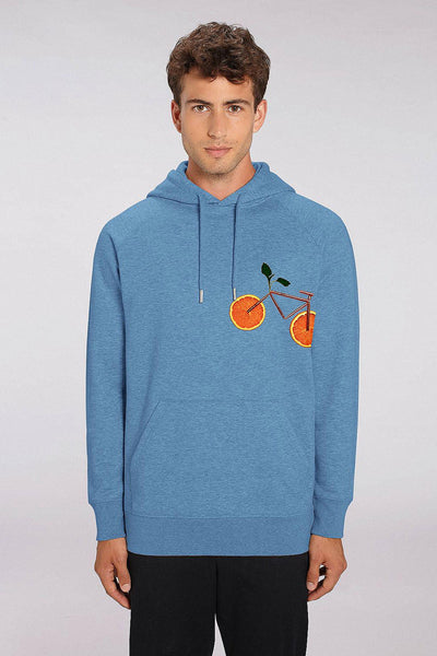 Blue Men Orange Bicycle Hoodie, Medium-weight, from organic cotton blend