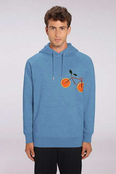 Blue Men Orange Bicycle Hoodie, Medium-weight, from organic cotton blend