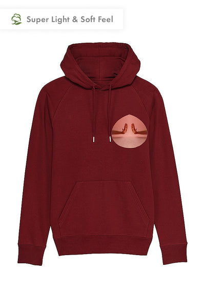Burgundy Men Two Hands Print Hoodie, Medium-weight, from organic cotton blend